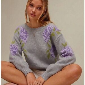 Flowers Print Gray Knit Round Neck Long Sleeve Pullover Sweater